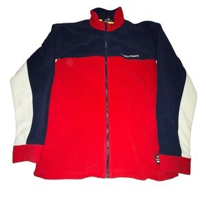 Vintage Tommy Hilfiger Fleece Jacket Full Zip Color Block Red Navy White Y2K Lrg